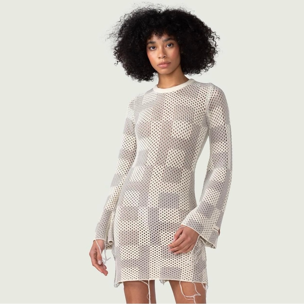 White and Grey Sheath Dress with Bell Sleeves